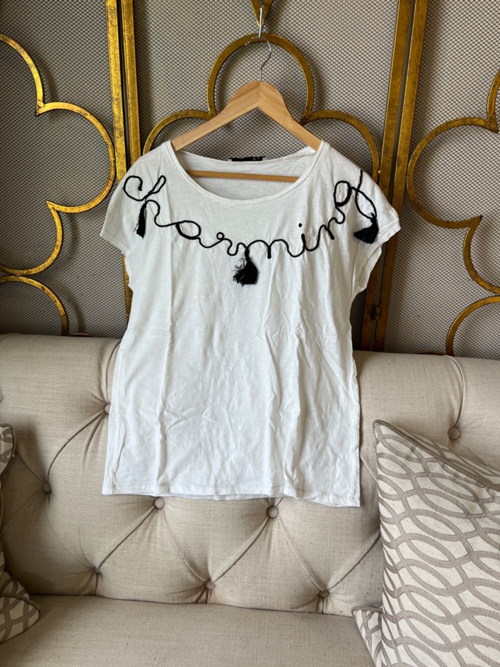 Women’s White Short-Sleeve Tee with Black Script and Tassel Detail